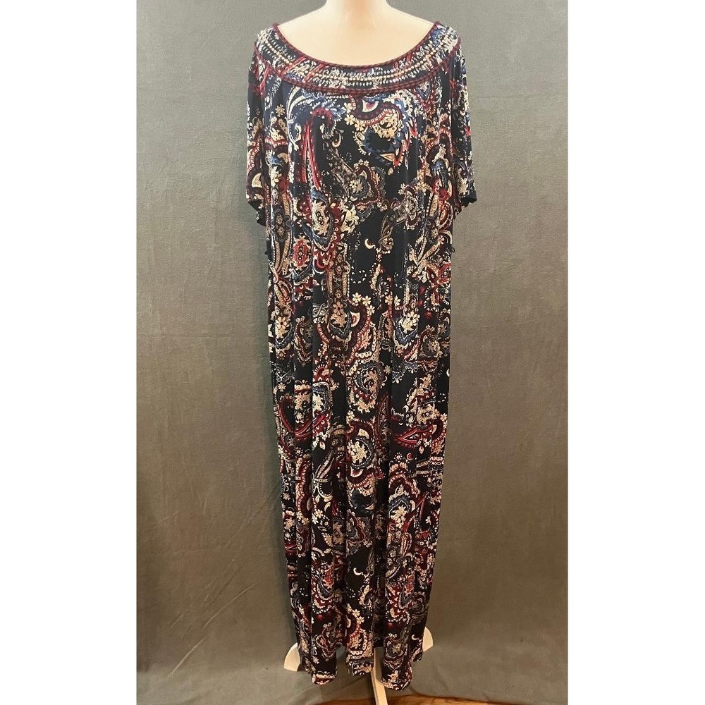 Catherine's 1X Paisley Maxi Dress Embellished Beaded Neck Short Sleeve Navy Blue
